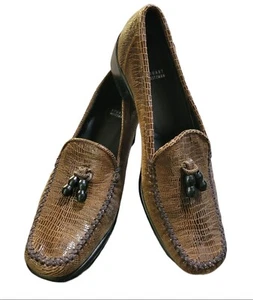Stuart Weitzman Snakeskin Chunky Heel Loafers 7.5 AA Brown Patent Leather - Picture 1 of 12