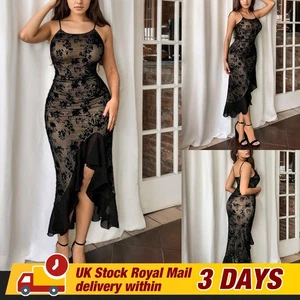UK Women Sexy Lace Midi Dress Ruched Ruffle Frill Evening Cocktail Party Bodycon - Picture 1 of 20