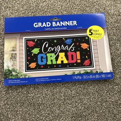 amscan Congrats Grad Graduation Party Banner, Horizontal Multicolor, Plastic - Image 1 of 2