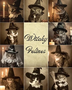 Gatos victorianos sombreros de bruja tarjeta impresión conjunto de 10 arte de pared gótico de colección efímero - Imagen 1 de 5