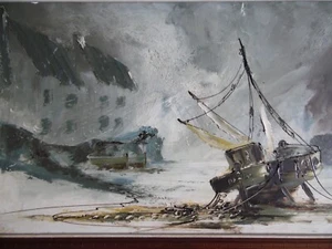 Coastal Scene with Blustery Weather over boat. Bill Hawkes Original Impasto Oil - Picture 1 of 6