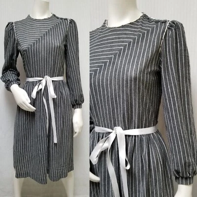 Vintage 1970/80's NANCY GREER NY Grey White Stripe Knit DRESS - Size M - Image 1 of 4