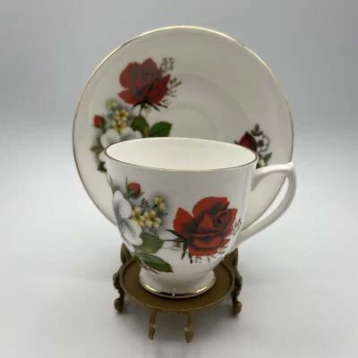 Vintage Elizabethan Tea Cup and Saucer with Red Roses and White Flowers - Image 1 of 4