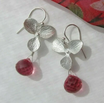 Traum Quarz Ohrringe Blume Kirschblüte altrosa-himbeere Topas 925 Silber - Bild 1 von 4