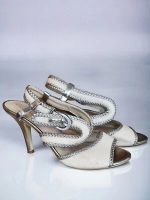 Tacón alto Tahari cuero/tejido recubierto punta abierta talla 8,5/champagne  Foto 1 de 4