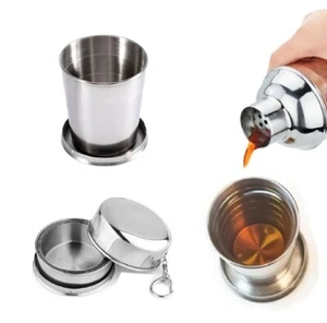 Stainless Steel Folding Cup – Portable Retractable Camping Mug w/ Lid & Keychain - Picture 1 of 9