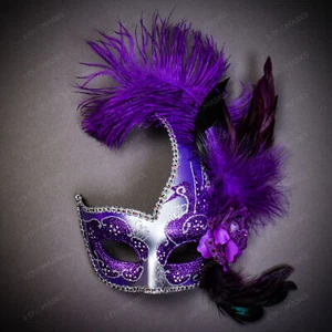 Venezianische Halbmond Maskenball Tanz Party Frauen Feder Maske Silber Lila - Bild 1 von 9