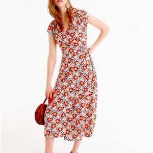 J. CREW Dress Floral Midi Wrap Dress Size Medium Colorful Classic Cap Sleeves - Picture 1 of 11