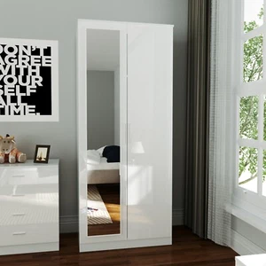 High Gloss 2 Doors Mirror Wardrobe White Bedroom Furniture Storage Hanging Rail - Picture 1 of 8