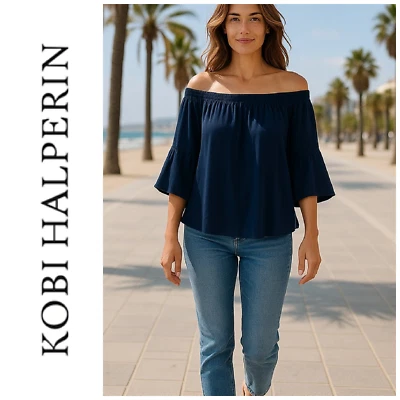 Kobi Halperin Sz XS Navy Blue 100% Silk Off Shoulder Flare Sleeve Blouse Top - Image 1 of 4