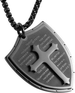 Shield Armor of God Ephesians 6:16-17 Faith Cross Stainless Steel Pendant Chain - Picture 1 of 48