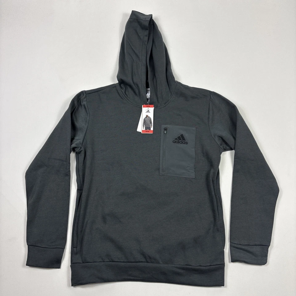 adidas Mens Fleece Pullover Hoodie Hooded Sweatshirt Zip Pocket Gray Medium M