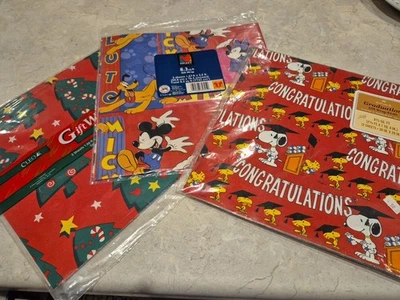 3 Packages-Vintage Wrapping Paper Mickey Snoopy 2-Cleo 1-Hallmark NEW - Image 1 of 4