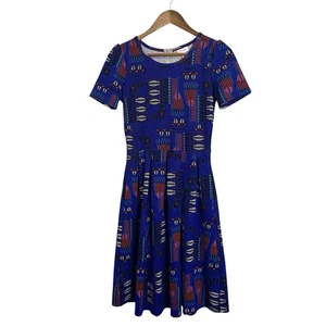 LuLa Roe Dress Womens S Fit & Flare A-Line Stretch Blue Black Round Neck Pockets - Picture 1 of 7