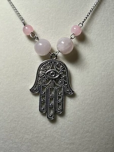 Rose Quartz Hamsa Hand Pendant, Hand of Fatima, Hamsa Hand Jewelry, handcraft - Picture 1 of 6