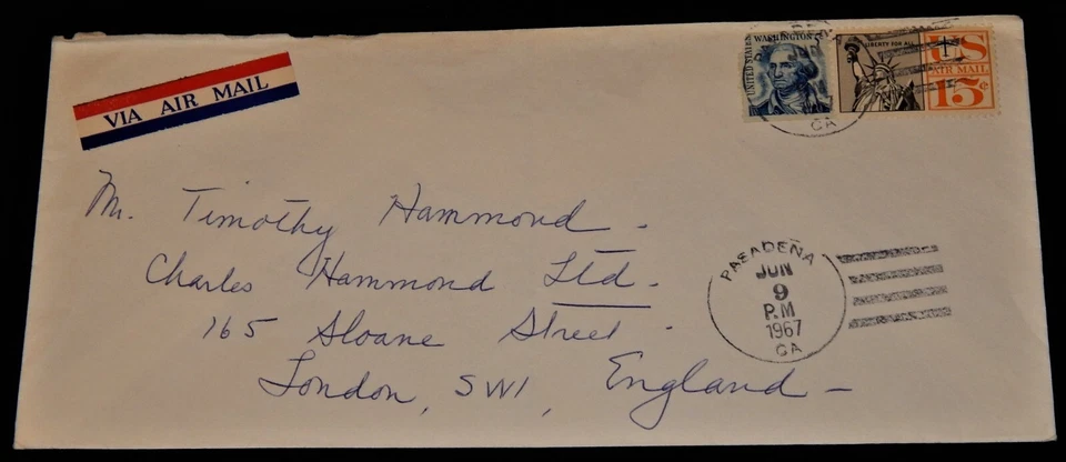 Vintage Postal Cover, PASADENA, CA, 1967, AIR MAIL, To London SW1, UK, Liberty - Image 1 of 4