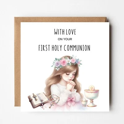 First Holy Communion Card for Girl, General 1st Communion Celebration Card - Image 1 of 4