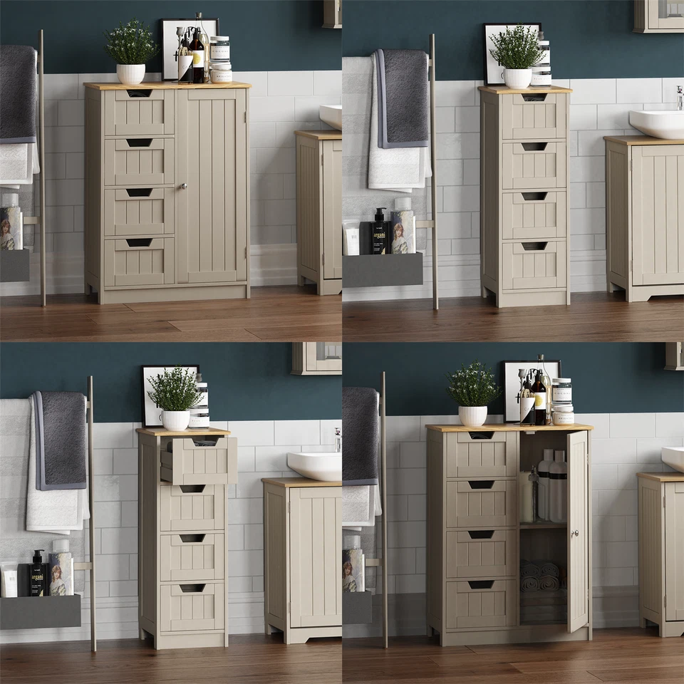 BATH VIDA Bathroom Cabinet 4 Drawer 1 Door Cupboard Free Standing Furniture Storage Grey