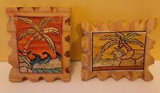 Vintage Tropical Palm Tree Inlaid Wood Carved Miniature Plaques Pair