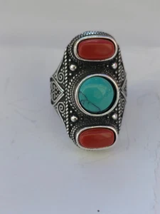 Old Chinese Tibet Silver Inlay Red Turquoise Handmade Opening Ring Gift - Picture 1 of 4