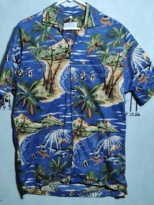 Hawaiian Vintage Beach Scene Palm Trees Camp Shirt Single Stitch Sz XL, Blue - Picture 1 of 10
