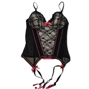 NATIVE INTIMATES Black Lace White Satin Pink Trim CORSET 34C Gorgeous Sexy Wow - Picture 1 of 12