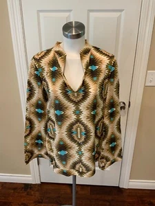 Tory Burch V-Neck Tan & Green Geometric Long Sleeve Tunic, Size 6 - Picture 1 of 5