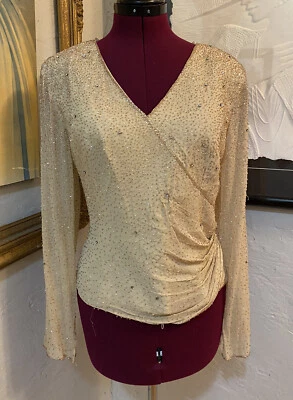 Jovani Vintage Silk Beaded Rhinestone V Neck Sheer Silk Nude Long Sleeve Top 14 - Изображение 1 из 4