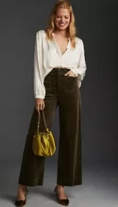 NWT Anthropologie Maeve Colette Cropped Wide-Leg Corduroy Pant Moss Petite 24P!! - Picture 1 of 8