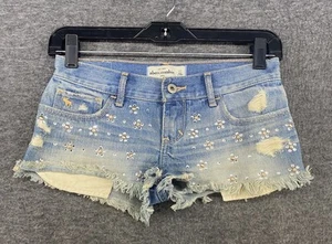 Abercrombie Kids Girls Floral Rhinestones Jean Shorts Size 12 Cut Off Distressed - Picture 1 of 11
