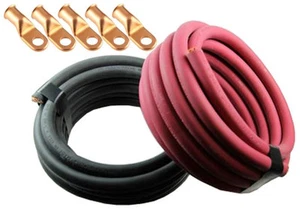 Car Battery/Welding Cable, 2 Gauge, 20 Feet Red/20 Feet Black and 5 Copper Lugs - Picture 1 of 5