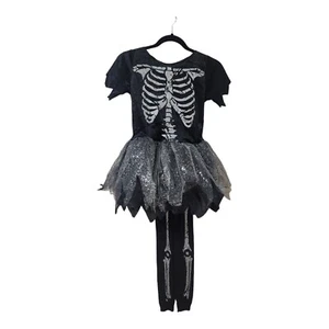 Girls Glitter Skelton Halloween Costume Dress Tights Hair Bow NEW Sz Large 10/12 - Picture 1 of 10