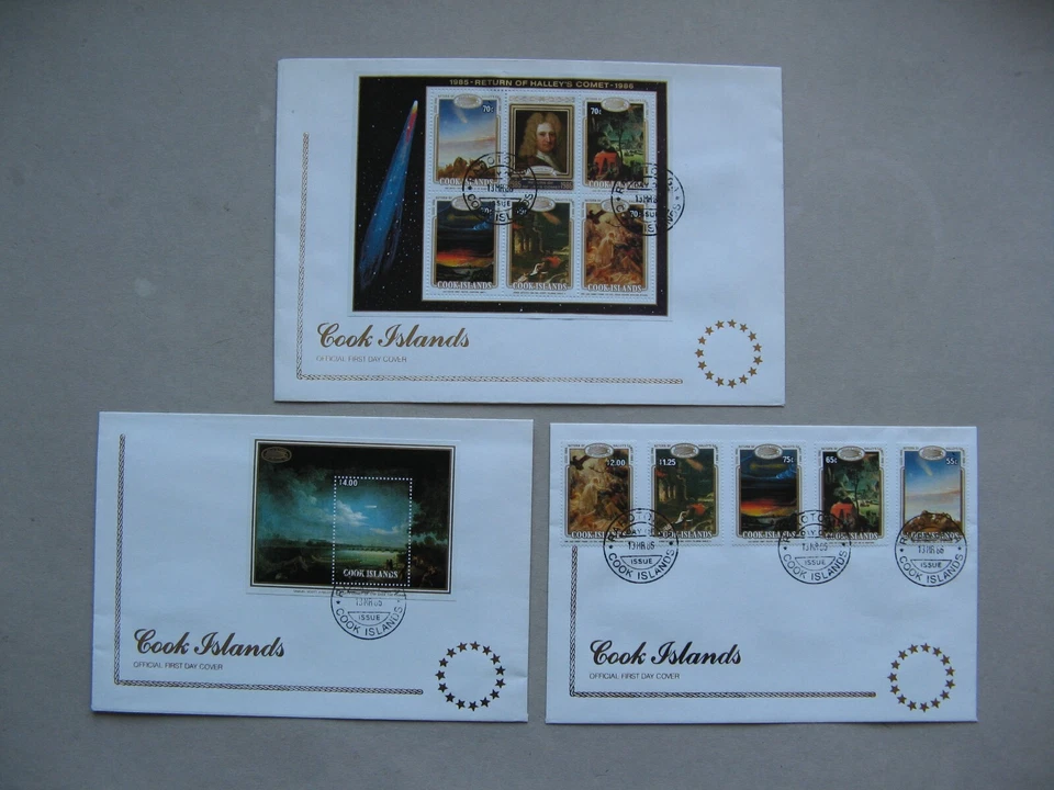 COOK ISLANDS, 3x cover FDC 1986, set + 2x S/S Halley's Comet, astronomy - Image 1 of 1