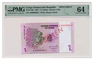 CONGO banknote 1 Centime 1997 Specimen PMG MS 64 Choice Uncirculated - Picture 1 of 7