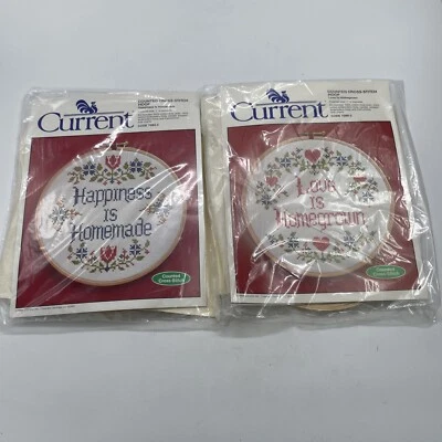 Lot 2 Happiness Is Homemade Love Homegrown Counted Cross Stitch Kit Hoop Current - Image 1 of 4