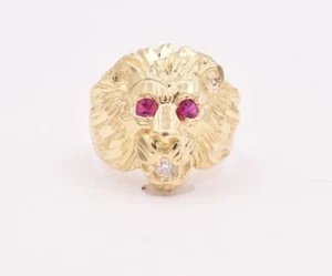 Men's Big Lion Head Ring Ruby Eyes & CZ Real Solid 10K Yellow Gold Size 11 - Picture 1 of 2