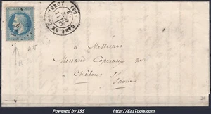 FRANCE N°29A SUR LETTRE POUR CHALONS AVEC AMBULANT PST1 PARIS A STRASBOURG RARE - Picture 1 of 2