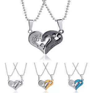 2Pcs/Set Stainless Steel Heart Pendant Necklace Men Women Lovers Couples Jewelry - Picture 1 of 20