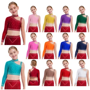 Kids Girls Tank Top Sparkly Shirt Show Blouse Latin T-shirt Ballet Crop Tops - Picture 1 of 117