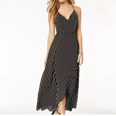 Bardot Black/White Striped Sleeveless V-neck Wrap Asymmetrical Maxi Dress Size 4 - Image 1 of 4