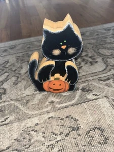 Small Primitive Rustic Wooden Black Cat Pumpkin Halloween Decor Figure Decor - Picture 1 of 6