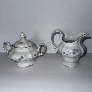 Johann Haviland China Blue Garland Sugar Bowl And Creamer Platinum Trim Bavaria - Picture 1 of 13