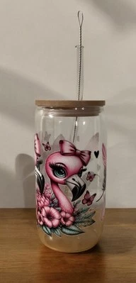 Vaso de vidrio Pink Flamingo 16 oz con pajita y cepillo limpiador tapa de madera Foto 1 de 4