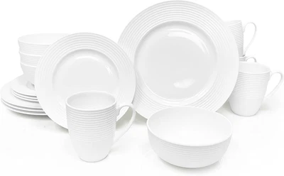 Bone China 16 Piece Dinnerware Dish Set, Service for 4, White Embossed Circle, M - Image 1 of 4