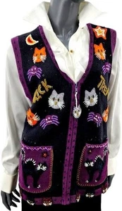 Vintage Tiara International Halloween Cats Sweater Vest Trick or Treat Beaded M - Picture 1 of 8