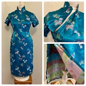 VTG 40s 50s Silk Jade Asian CHEONGSAM collar LEAF wiggle bombshell dress RARE M