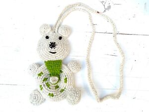 Hand Knitted Small White Green Pocket Bear Wool Crochet Coin Shoulder Bag