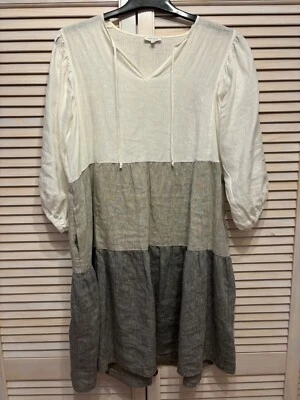 RENA MARX 100% LEINEN SOMMER KLEID LEGER WEIß-TAUPE-GRAU 3/4 Arm neuwertig - Bild 1 von 4