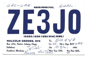 QSL Radio ZE3JO Native Dept Salisbury Southern Rhodesia Africa 1950 Geddes DX - Picture 1 of 1