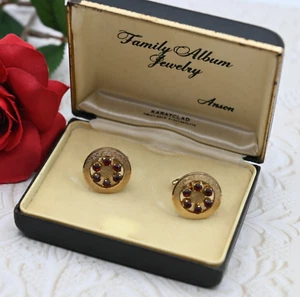 Vintage Anson Karatclad Red Rhinestone Brushed Gold Tone Cuff Links Orig Box - Picture 1 of 6